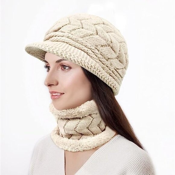 Winter Hat Gloves Scarf Set Women Knit Beanie Neck Warmer Touch Screen